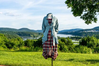 Scattergood Shirt Jacket in Seaside Washed Linen; Scattergood Frock in Seaside Rose Garden Washed Plaid; Cilla Slip Frock in Hudson Blue Soft Ribbed Knit. Ivey Abitz at Boscobel House and Gardens