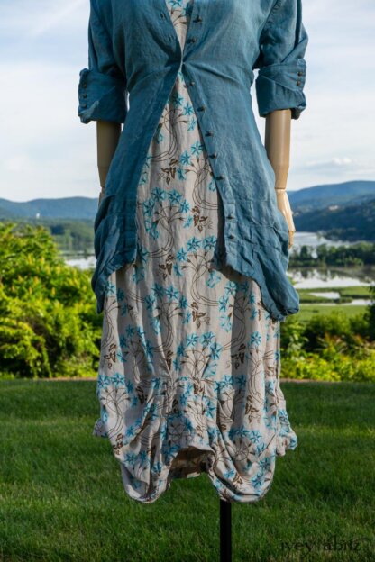 Scattergood Shirt Jacket in Seaside Washed Linen; Scattergood Frock in Seaside Floral Linen; Cilla Slip Frock in Peony Soft Ribbed Knit. Ivey Abitz at Boscobel House and Gardens