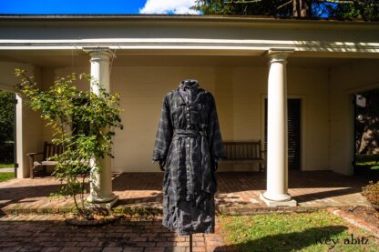 Vanetten Duster Coat in Unity Plaid Linen; Vanetten Shirt in Unity Embroidered Stitch Silk; Clotaire Sash in Unity Floral Silk Chiffon; Vanetten Frock in Unity Embroidered Loop Stripe Challis; Cilla Slip Frock in Unity Soft Ribbed Knit. Location: Loggia behind Stone Cottage at Eleanor Roosevelt National Historic Site.
