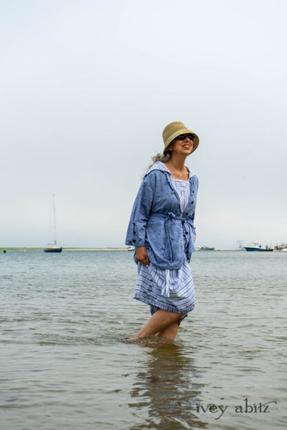 Pierrepont Shirt in Estuary Hope and Sail Embroidered Cotton; Viv Frock in National Seashore Variegated Stripe; Cilla Slip Frock in Sailcloth Soft Ribbed Knit. Ivey Abitz Bespoke Clothing.