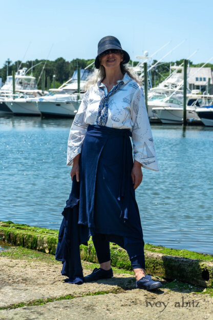 Highlands Shirt in National Seashore Sail Cotton; Clotaire Sash in National Seashore Floral Silk Chiffon; Cilla Camisole in Sailcloth Soft Ribbed Knit; Highlands Skirt in National Seashore Washed Ribbed Knit; Pierrepont Breeches-Leggings in National Seashore Washed Ribbed Knit. Ivey Abitz Bespoke Clothing.