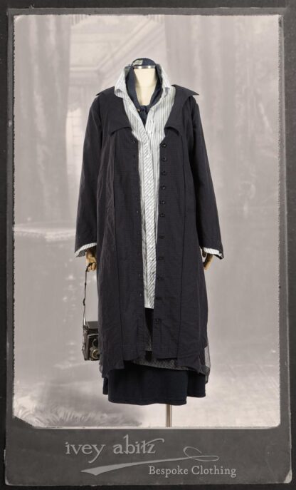 Vanetten Duster Coat in Fresh Water Petite Check Cotton; Highlands Shirt in Fresh Water Puckered Stripe Cotton; Cloitaire Sash in Fresh Water Argyle Netting; Cilla Slip Frock in Fresh Water Melange Knit; Highlands Skirt in Fresh Water Argyle Netting. By Ivey Abitz.